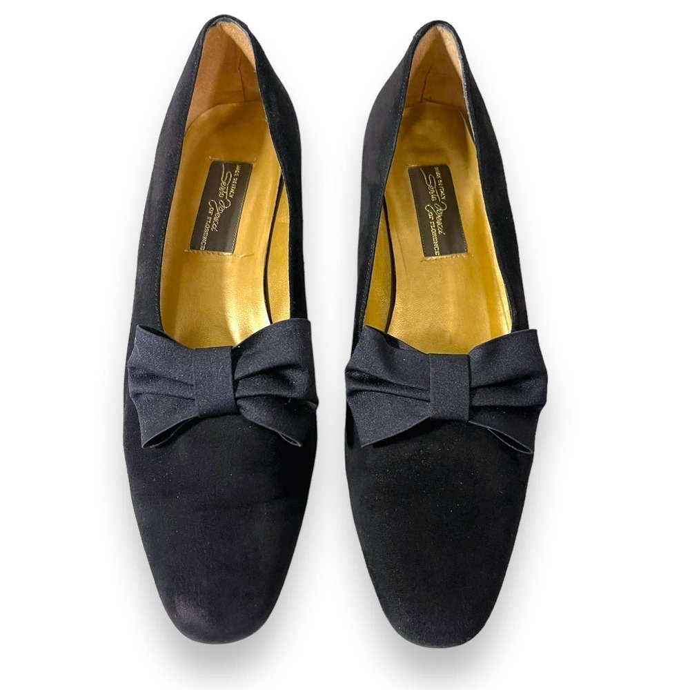 Sesto Meucci Made in Italy Black Suede Bow Leather Lining Block Heel Women's 8M